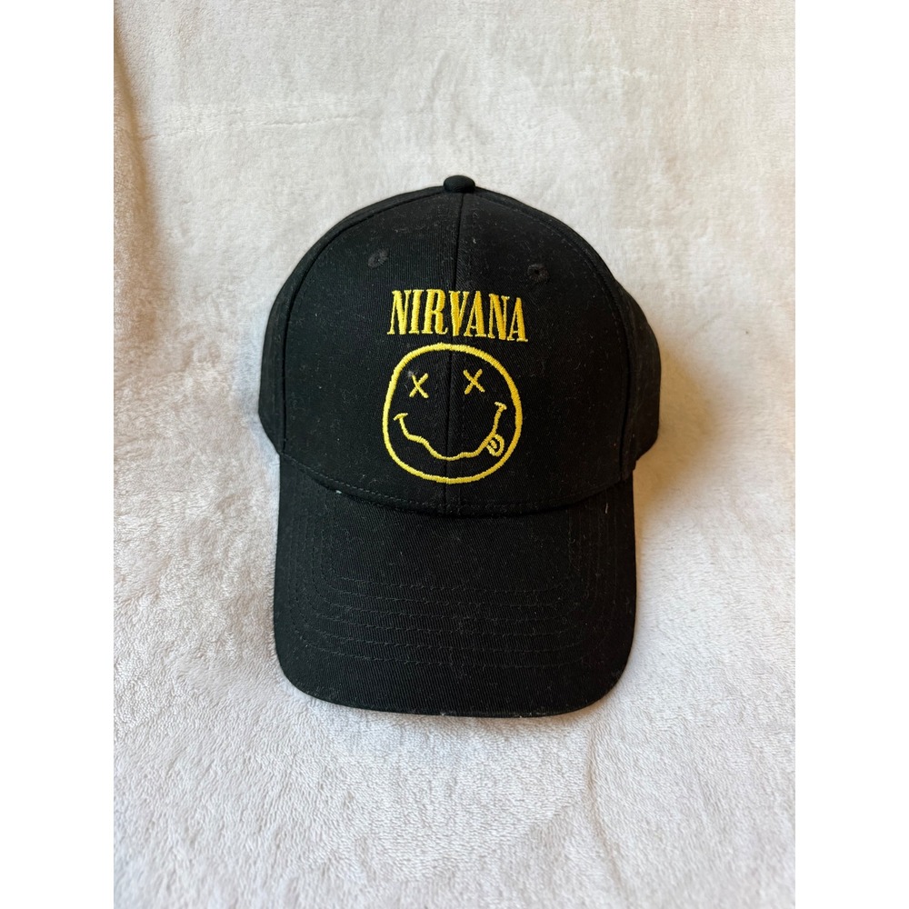 Nirvana Baseball Cap Unisex OSFM Black Excellent Smiley Face Logo Snapback Hat